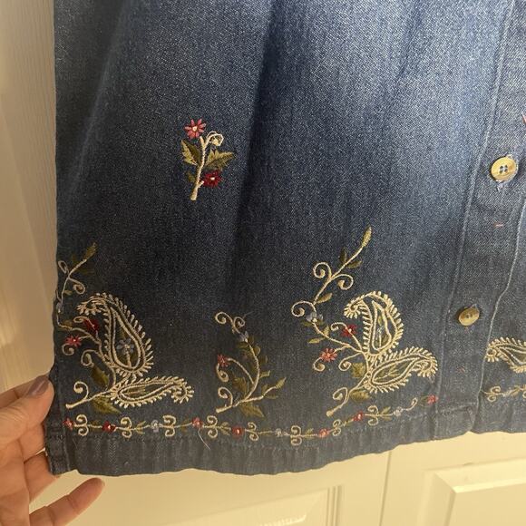 Vintage Y2K Deranged Shirt Women Large Blue Denim Embroidered Floral Button Up - Picture 2 of 10